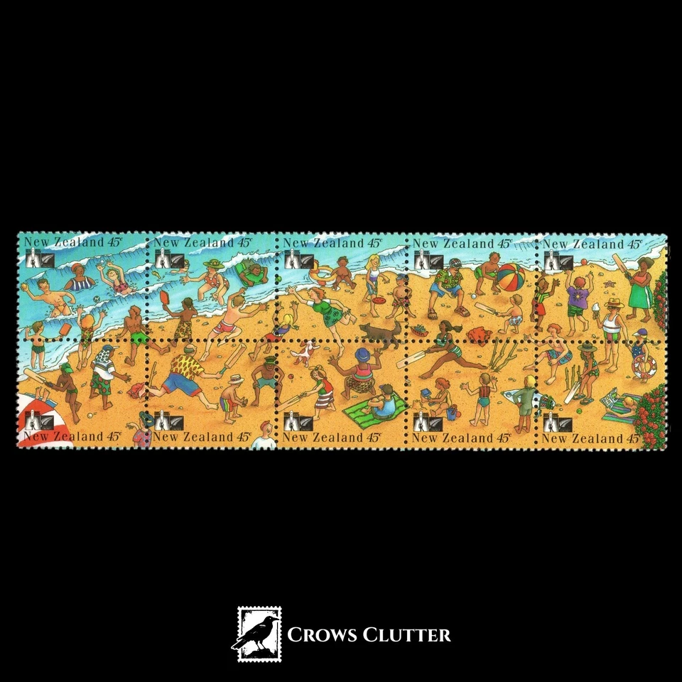 Bloque de estampillas de panel folleto de cricket de playa de Nueva Zelanda 1994 de (10) 45c como nuevo Foto 1 de 1