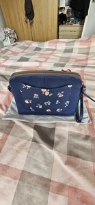 Cath Kidston Leather Crossbody Bag Blue And Pink Floral With Front Pocket - Picture 1 of 6