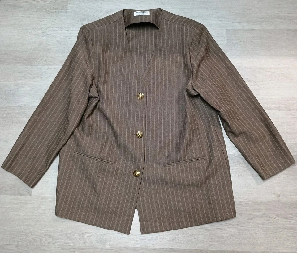 Женский блейзер Alfred Dunner в коричневую полоску на золотых пуговицах офисный рабочий размер 16 миниатюрный - Изображение 1 из 4