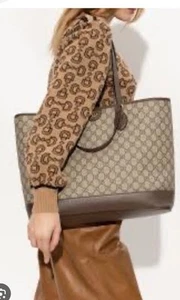 NWT Gucci Ophidia Brown Coated Canvas Large Tote Handbag W/ Receipt - Picture 1 of 7