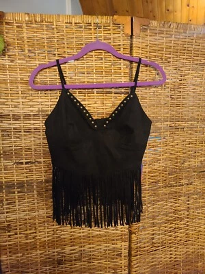 Boho Rock Moto Boho Imitación Gamuza Cuero Halter Corto Talla L Flecos Tachonados Nuevo con Etiquetas Foto 1 de 4