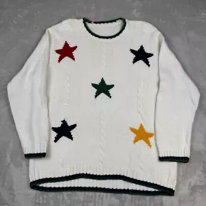 Suéter Vintage Grueso Tejido con Cable Adulto L Blanco Colorido Estrella Pullover Cuello Redondo - Imagen 1 de 8