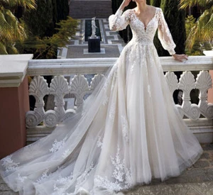 Long Sleeve Lace Appliqued Wedding Dresses V Neck A Line Bridal Gown Sweep Train - Picture 1 of 11