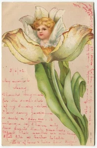 ART NOUVEAU FANTASY, FLORAL ANGEL, GLITTER - Early Greetings Postcard - Picture 1 of 2