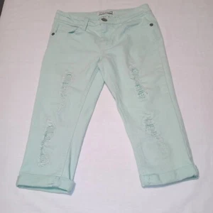 Imperial Star Girls Denim Capri Jeans Size 10 Light Teal Cuffs Distressed, EUC - Picture 1 of 14