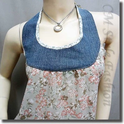 Top Hippy Encaje Halter Boho Gasa Azul Gris XS Foto 1 de 4