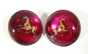 Pair Antique Horse Bridle Rosette Glass Dome Running Pinto Paint Horse Brass - Picture 1 of 5