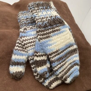 Grandma Handmade Mittens Knitted Child Blue Woolen winter gloves 8"x3" 1950's - Picture 1 of 3