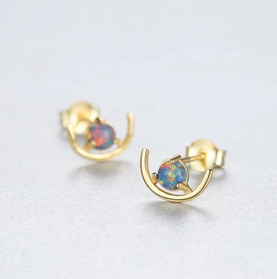 Aretes de oro 14K sobre plata de ley 925 maciza media luna ópalo PE45 Foto 1 de 4