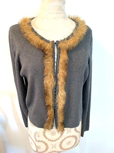 CHICO'S grauer offener Pullover Baumwolle Seidenmischung braun Kunstfellbesatz Langarm 1 - Bild 1 von 9