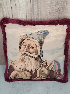 Almohada tapiz de vacaciones de Navidad de Papá Noel del Viejo Mundo con flecos 12" - Imagen 1 de 7