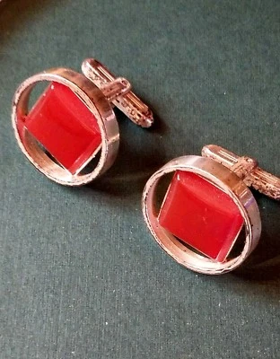vintage Hickok Red stone or glass cuff links, geometric silver plated D3 - Image 1 of 4