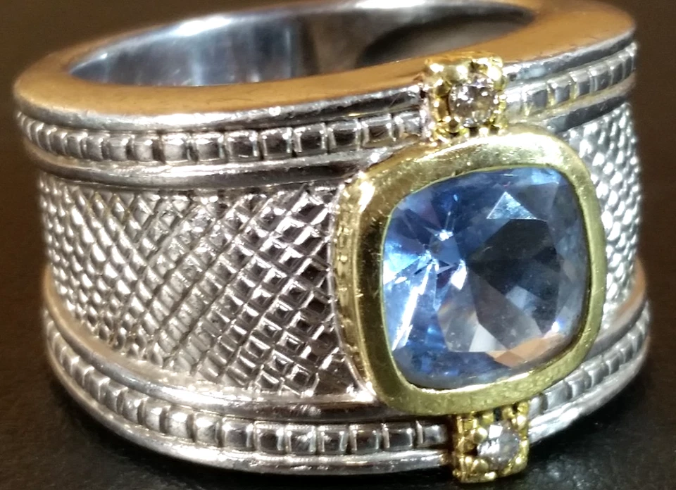 Anillo Judith Ripka 18KY 925 Plata 8mm Aguamarina y Diamantes Dama - Talla 6.75 Foto 1 de 4