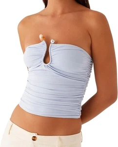 PepperMayo Damen XS Blau Rüschen Trägerlos Cropped Röhre Top Cutout Bluse - Bild 1 von 6