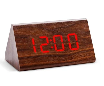 Wooden Digital Alarm Clock with LED Display, Red Numbers, Dark Brown Wood Finish - Image 1 of 4