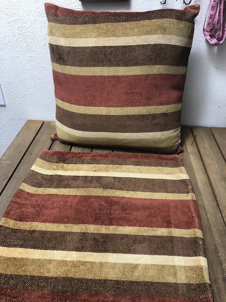 RESTORATION HARDWARE PAIR TAN/RED/BROWN PILLOW COVERS 22x22" STRIPES CHENILLE  - Image 1 of 4