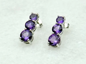 Sterling Silver Round Natural Amethyst 3-Stone Earrings Stud - Picture 1 of 2
