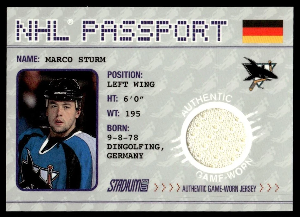 2002-03 TOPPS NHL PASSPORT JERSEY Marco Sturm San Jose Sharks #253 - Image 1 of 2