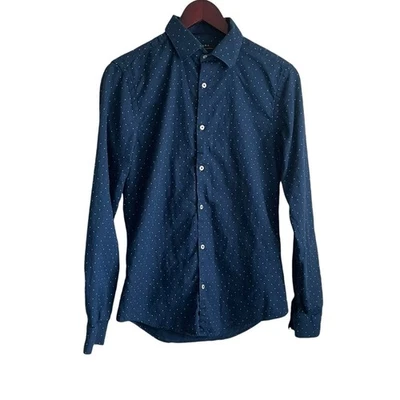 Мужская рубашка Zara S Slim Fit Blue Dots на пуговицах Preppy Travel Office Academia - Изображение 1 из 4
