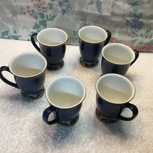 Denby Harlekin Fuß Tassen blau mit weißem Innen Mosaiksockel England 6er Set - Bild 1 von 14