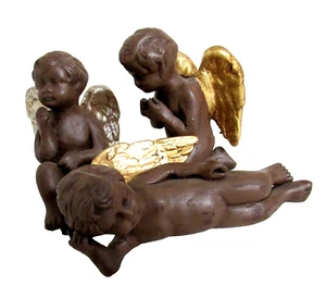 SET of 3 MEXICAN HAND SCULPTED FIGURES ANGELS CHERUBS with GILDED WINGS; SIGNED - Picture 1 of 23
