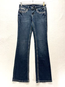 EARL Jeans Slim Boot Cut Juniors Size 1 - Rhinestones Dark Wash Low Rise - Picture 1 of 11
