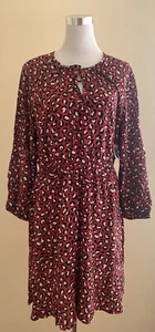 Old Navy Dark Red Leopard Print Dress Size L Waist Defined Long Sleeve Tie Neck - Picture 1 of 4