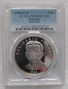 PANAMA 5 BALBOA SILVER PROOF COIN 1980 YEAR KM#40.3 PCGS PR68 PORRAS - Picture 1 of 3