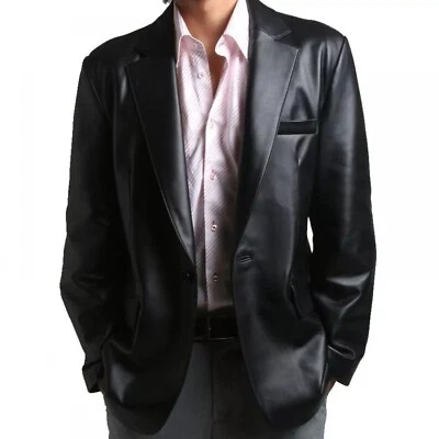 Men's Black Leather Blazer 100% Real Lambskin Long Lapel Coat Single Button Suit - Image 1 of 4