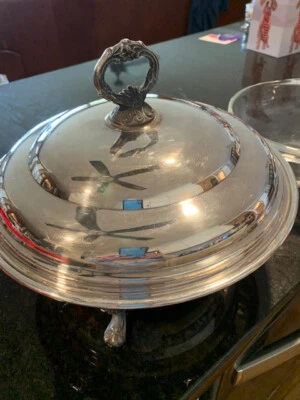 VINTAGE SILVER-PLATE COVERED LID FOOTED CASSEROLE SERVE DISH W/PIREX Glass Dish - Image 1 of 4