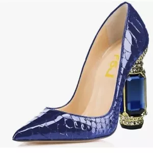 FSJ Women Bridal Pointed Toe Chunky Block High Heel Crystal Pumps Blue Heels - Picture 1 of 8