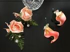 WEDDING FLOWERS 4 x PEACH FOAM CALLA LILY/ROSE BRIDAL CORSAGE BUTTONHOLES.