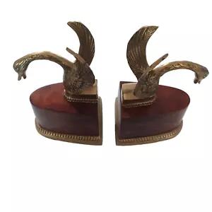 Brass Geese on Mahogony Wood Bookends 8.5" Tall Heavy Base Vintage - Picture 1 of 6