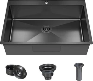 Black Drop-in Kitchen Sink 33×22×9 In Single Bowl Top-Mount Stainless Steel Bar - Picture 1 of 6