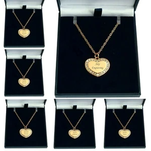 Rose Gold Necklace with Any Engraving on Heart Pendant with Crystals & Gift Box - Picture 1 of 25