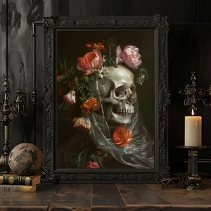 Impresión de calaveras, decoración de calaveras vintage, póster de Halloween arte de pared decoración botánica - Imagen 1 de 6