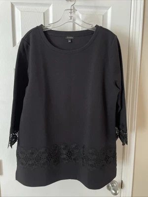 TALBOTS Womens Size L  3/4 Lace Sleeve Gorgeous, Black PullOver Top Blouse - Imagem 1 de 3