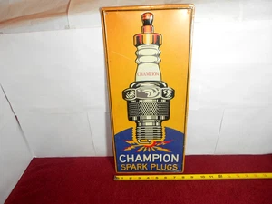 VINTAGE 8x18 in CHAMPION SPARK PLUGS ADV. SIGN EMBOSSED TIN METAL TACKER - X 21 - Picture 1 of 6