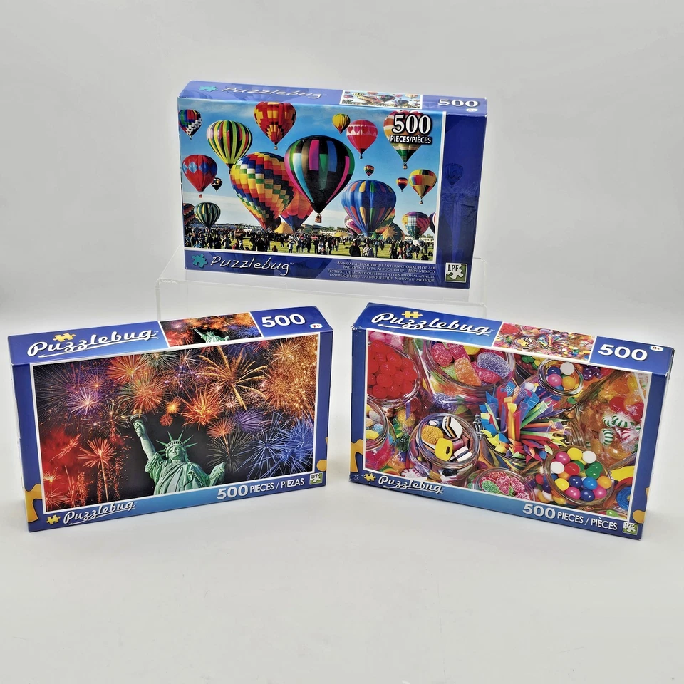 PuzzleBug 500 Piece Jigsaws Lot of 3 SEALED: Candy, Hot Air Balloons, Fireworks - Image 1 of 4