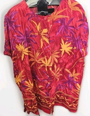 Hawaiian Shirt for Women Red and Orange Button Up Cotton blend light weight - Image 1 of 4