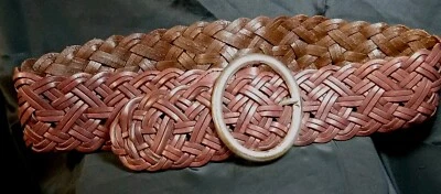 BELT Calvin Klein 女士 D.BROWN 皮革 3 英寸 W. 篮子编织 OVAL 扣小号 37 — 第 1/4 张图片