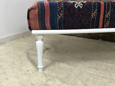 Handmade Kilim Upholstered Ottoman Footstool Piano Entryway Bedroom Bench - Image 1 of 4