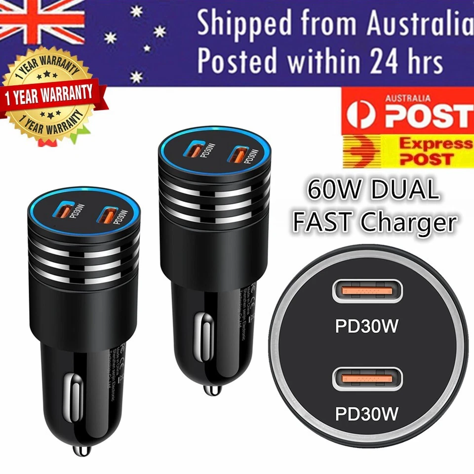 60W Dual USB-C 2 Type-C Port PD Car Charger USB C QC4.0 Quick Charging Adapter - image 1 of 4