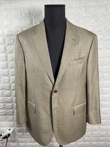 44 R  Brown Tan Over Check Plaid SILK WOOL 2-vent Blazer Jacket Coat E. THOMAS - Picture 1 of 10