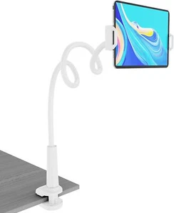 Flexible Long Arm Gooseneck Tablet Stand Holder Clip with Grip (White) - Picture 1 of 5