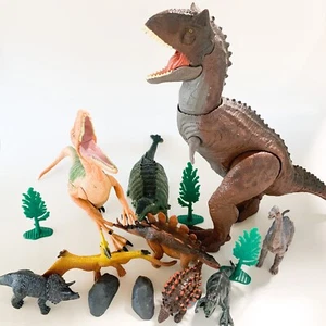 Lot Of 9 Plastic Toy Dinosaur Figures Trees Rocks T-Rex Makes Noises - Picture 1 of 12