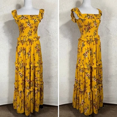 Abel The Label Boho Floral Maxi Dress Small Yellow Smocked Tiered Ruffle Cottage - Image 1 of 4