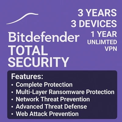 Bitdefender Total Security 2026 - 3 Years 3 Devices + 1 Year Unlimited VPN - Image 1 of 3