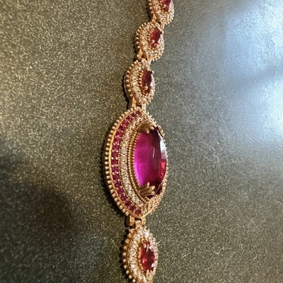 Gold Plated Sterling Silver 925 Lab-Created Ruby Diamond Bracelet 8”. - Image 1 of 4