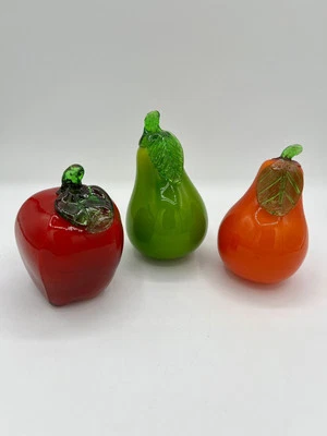 Vidrio 3 peras de manzana fruta falsa hecho a mano soplado arte vidrio decorativo verde rojo Foto 1 de 4